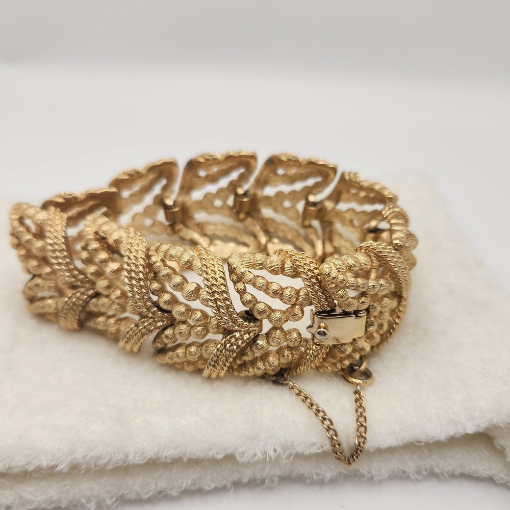 Vintage Monet Goldtone Openwork Link Bracelet Textured Beaded Glamour Classic